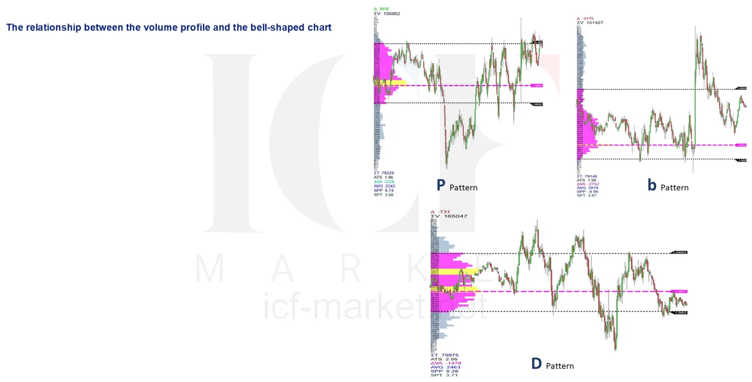 Three charts each with its volume profile, showing a P shape, a b shape and a D shape