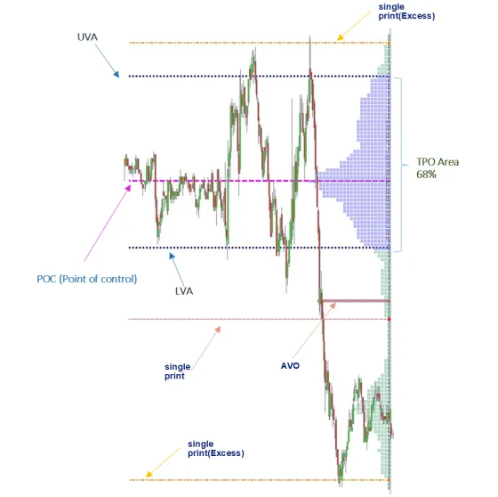 A TPO chart with the point of control, the value area, single prints and an excess print at the extreme all marked