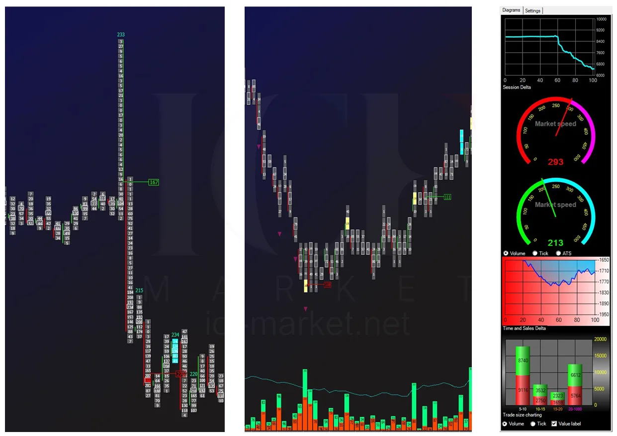 A footprint chart beside a candle chart and the market speed panel, showing the sweep and the speed change during a hunt