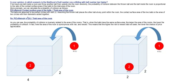 Two rooms of different size each holding one ball, illustrating that a larger room makes a collision less likely